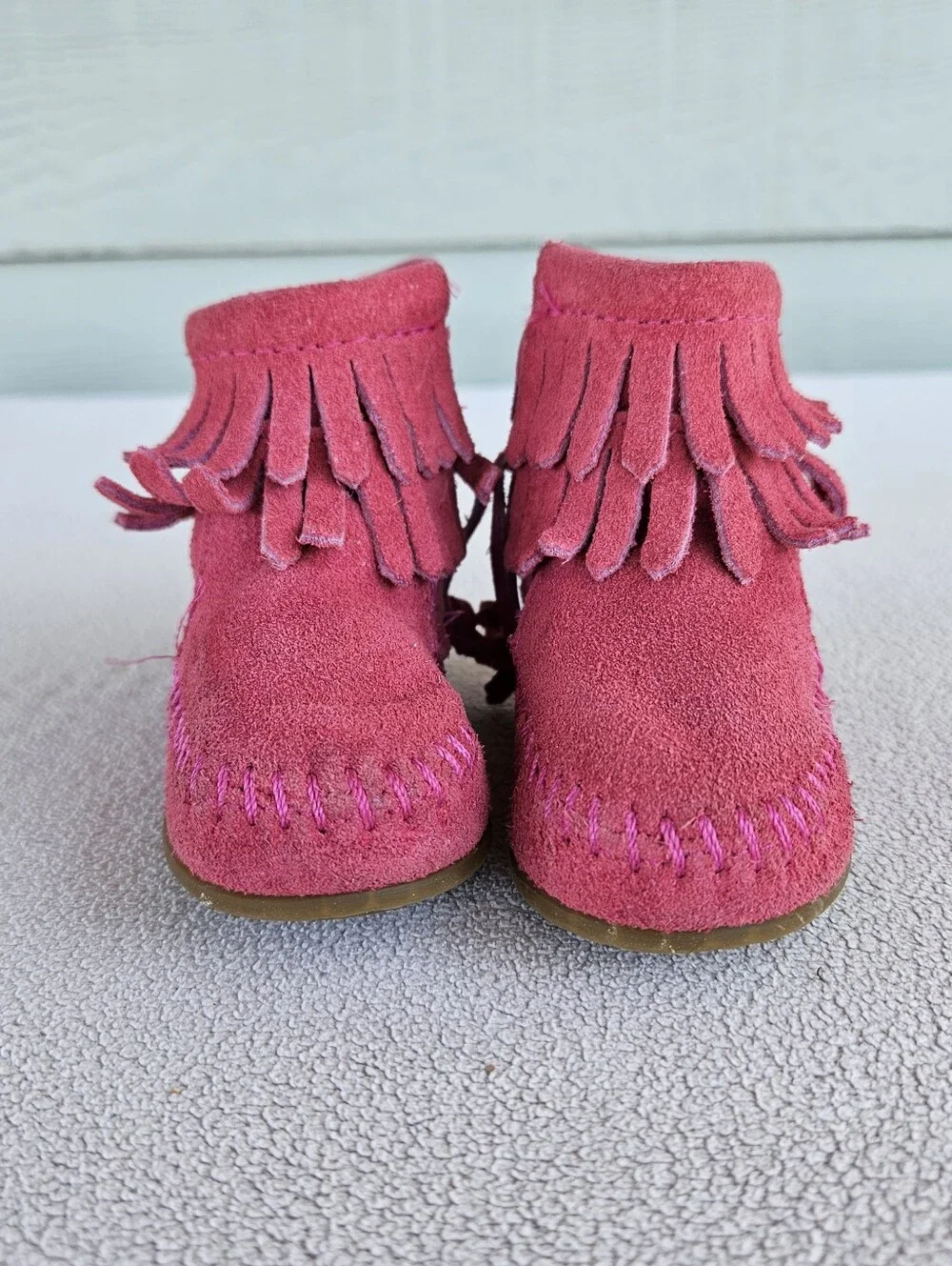 Minnetonka Moccasins Double Fringe Booties Infant Baby SZ 2 Pink Suede Leather